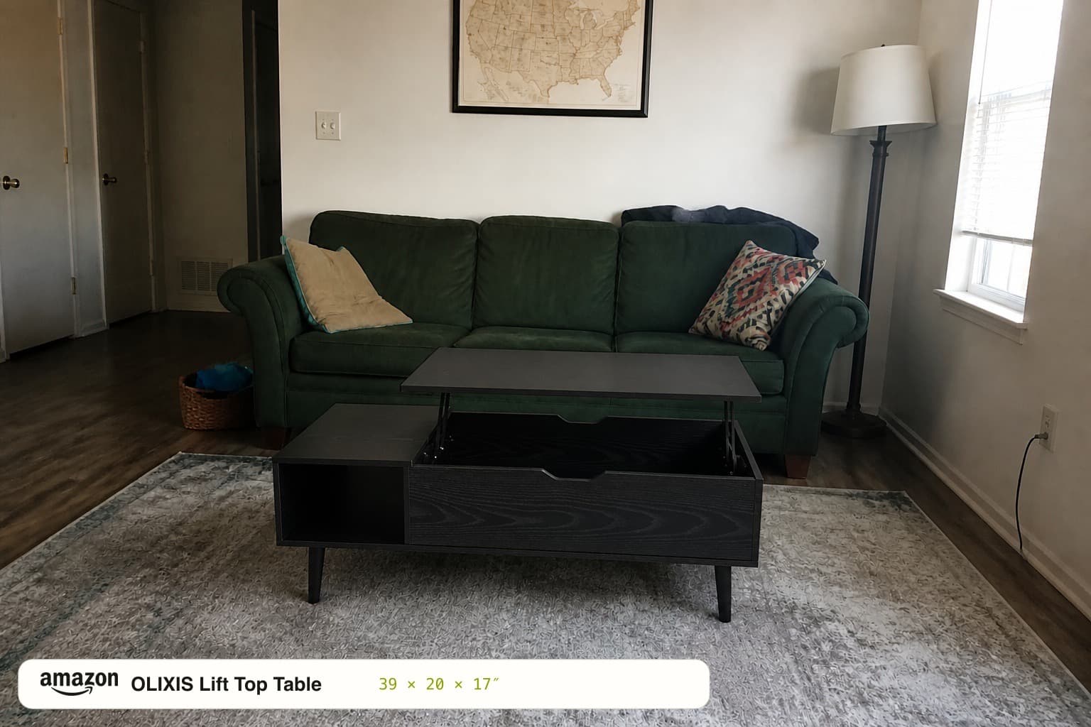 OLIXIS coffee table in front of a green sofa, AI try-on example